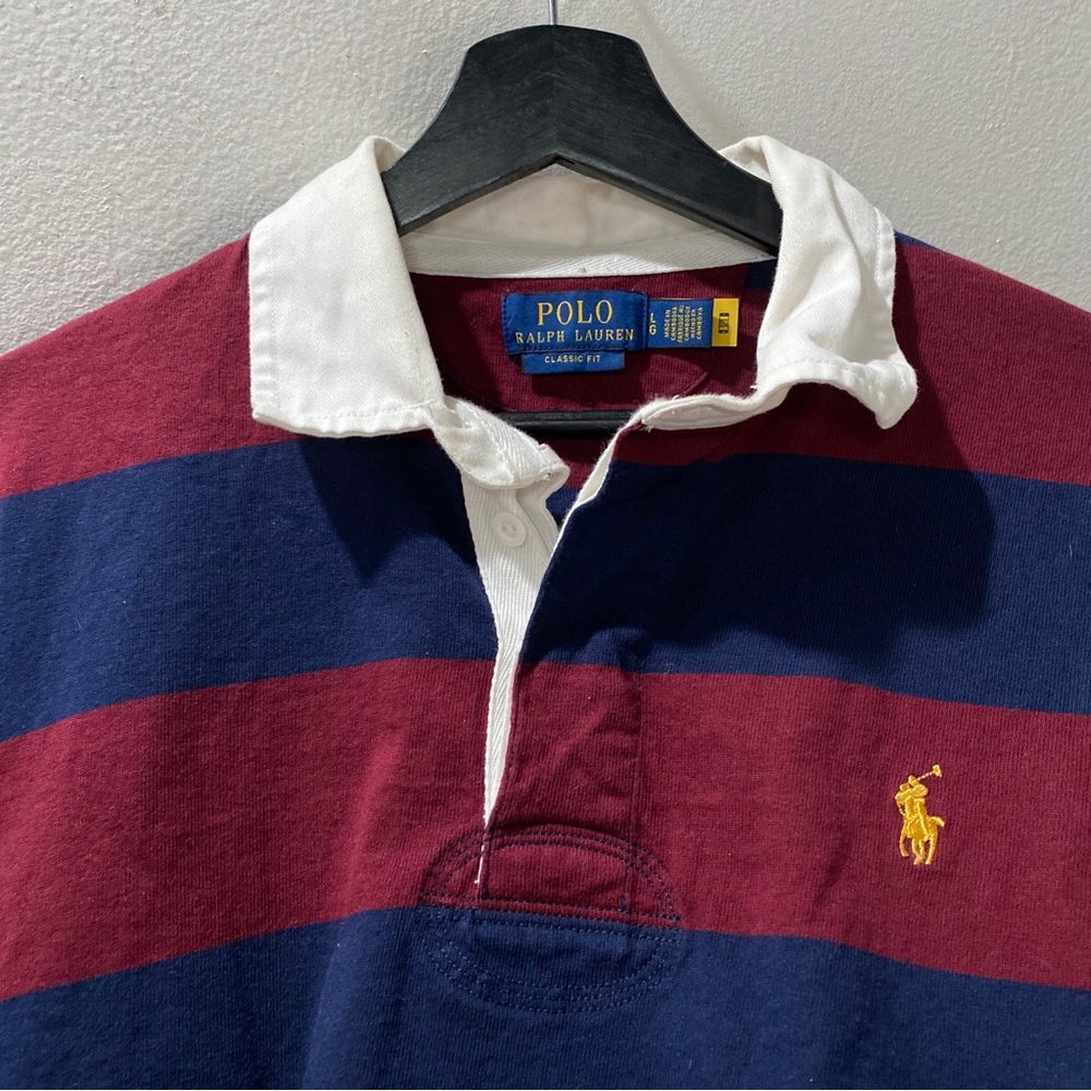 Polo Ralph Lauren Rugby Shirt Long Sleeve Burgundy Navy Blue Stripe Size Large - Picture 5 of 8